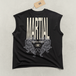 Black sleeveless shirt with 'Martial' text and graphic design on a light gray background